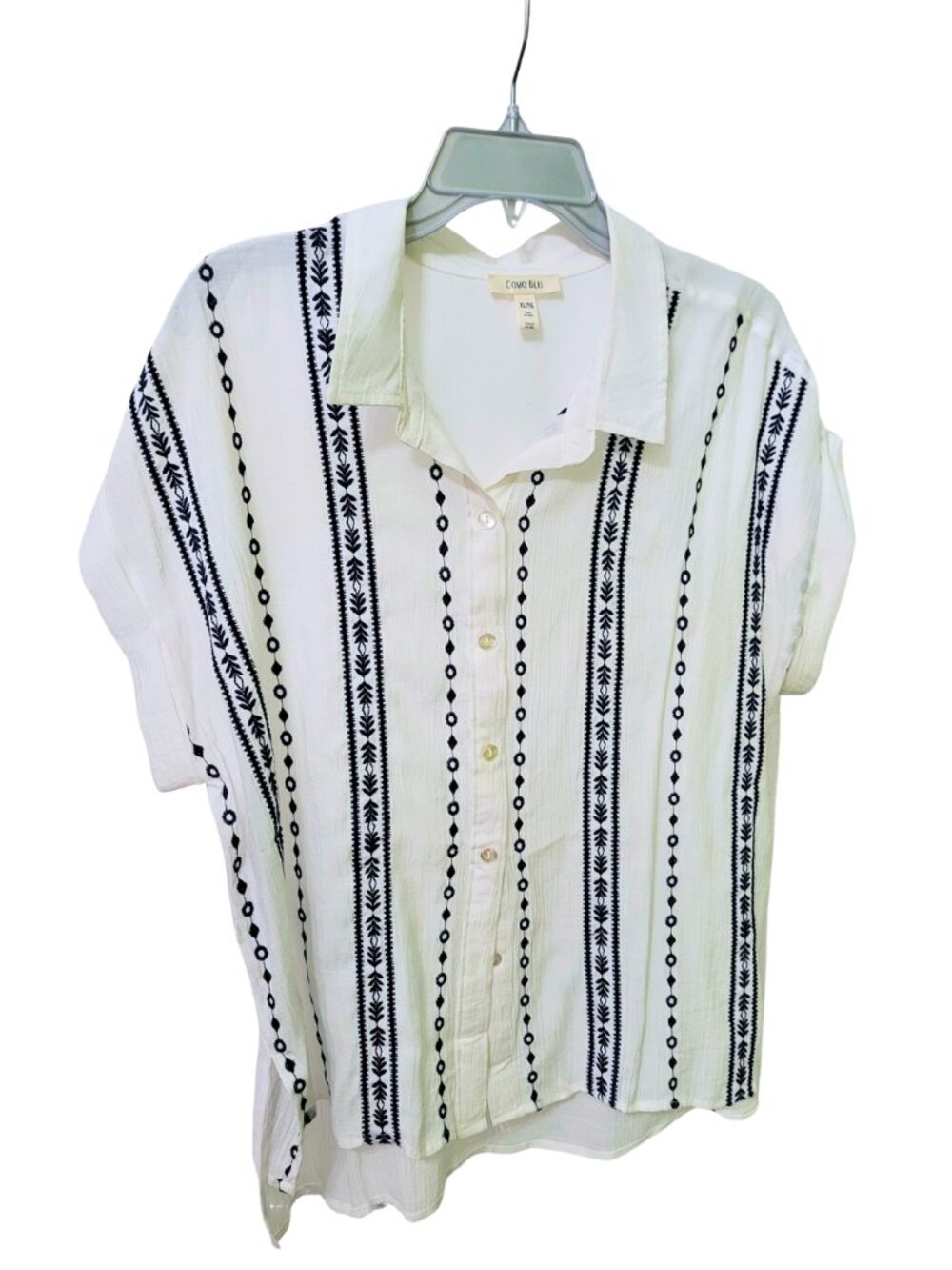 Embroidered Short-Sleeve Button-Down Guayabera-Style Blouse | XL